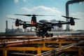 Drone equipped with thermal imaging cameras inspects infrastructure for potential faults and weaknesses. AI Generated