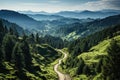 Drone eye view of a winding forest road through the serene green landscapes