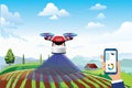 Drone farming illustration. Farming with drone using smartphone and laptop. Data annalist of the plot Royalty Free Stock Photo