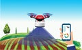 Drone farming illustration. Farming with drone using smartphone and laptop. Data annalist of the plot Royalty Free Stock Photo