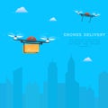 Drone fast delivery concept, two quadcopters flying with cityscape background. Air drones carrying package into urban city Royalty Free Stock Photo