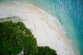Drone field of view of sea, sand and beach Curieuse Island, Seychelles