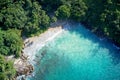 Drone field of view of secret cove, sea and forest Mahe, Seychelles