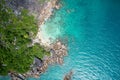 Drone field of view of spectacular blue coastline with waves and forest on Curieuse Island, Seychelles