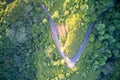 Drone field of view of winding road forming patterns in nature against background of forest and trees on secluded island of Mahe,