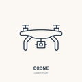 Drone flat line icon. Aerial survey device sign. Thin linear logo for photo equipment store