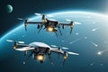 Drone Fleet Flying In Orbit 041125 Royalty Free Stock Photo