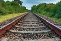 Drone flies in good weather at a very low altitude over railway tracks