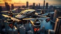 Drone flies, modern metropolis in the background