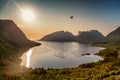 A drone flies over a beautiful landscape in Norway, Scandinavia. Sea and mountains on Senya island at sunset, beautiful northern Royalty Free Stock Photo