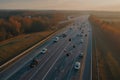 drone flies over busy highway, capturing footage of autonomous vehicles in motion