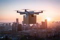 Drone flies over city, delivers order in cardboard box Royalty Free Stock Photo