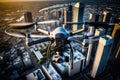 A drone flies over the city. Generative AI