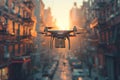 A drone flies over city streets with a box in an actionpacked scene Royalty Free Stock Photo