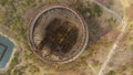 Drone flies over the cooling tower, top view