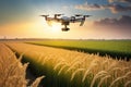 A drone flies over a crop, wide field, robotization of agriculture. Ai generated