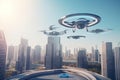 drone flies over futuristic city, with self-driving vehicles on the road