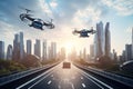 drone flies over futuristic city, with self-driving vehicles on the road