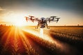 A drone flies over and sprays a vast rural landscape at dusk