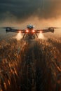 A drone flies over a wheat field at sunset Royalty Free Stock Photo
