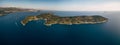 Drone flight near The Island of Kolochep, Croatia. Yachts moored in sea, the coast of the island in the Adriatic Sea