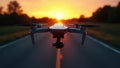 Drone flight path displayed, car dash sunset backdrop, horizon, golden hour Royalty Free Stock Photo