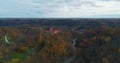 Turaides Castle Autumn Forest Sigulda city nature, Gauya river drone flight, bridge car drive from above