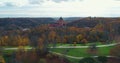 Turaides Castle Autumn Forest Sigulda city nature, Gauya river drone flight, bridge car drive from above