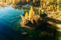 Drone flight under Federa Lake in sunrise time