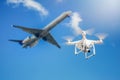 drone fly close to the commercial airplane Royalty Free Stock Photo