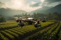 drone fly the rural landscape, set against a backdrop of sky and mountains by Generative AI Royalty Free Stock Photo