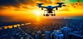 Drone is flying above city skyline at sunset.Quadcopter with digital camera and fast rotating propellers