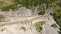 DRONE: Flying along the scenic mountain road in the picturesque Dolomites.