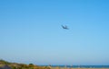 Drone flying in the beach sky in summer