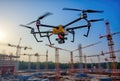 Drone flying at building site under construction. Aerial survey Royalty Free Stock Photo