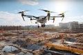 Drone flying at building site under construction. Aerial survey Royalty Free Stock Photo