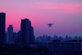 Drone flying in Evening Sky over the Skyscrapers of Bangkok`s Suburban, Thailand Royalty Free Stock Photo