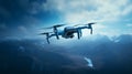 A drone flying high in the sky, capturing aerial images and surveying landscapes, highlighting the use of technology in