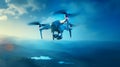 A drone flying high in the sky, capturing aerial images and surveying landscapes, highlighting the use of technology in