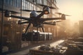 Drone flying over the city. 3D rendering. Illustration, Experience intelligent package delivery using AI-powered drones, robots,