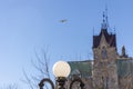 Drone flying over city landmark Royalty Free Stock Photo