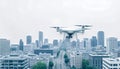 Drone flying over city, modern urban technology, Stock Photo, Generative AI
