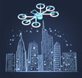 Drone and Schematic City Sketch Skyscrapers Town Royalty Free Stock Photo