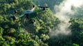 A drone flying over a dense forest canopy gathering CO2 data with a digital interface showing real-time metrics Royalty Free Stock Photo