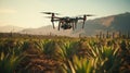 A drone flying over a field of green aloe vera plants