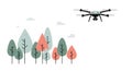 A drone flying over a forest with stylized trees and small clouds in the sky Royalty Free Stock Photo