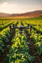 Drone flying over green crops at sunset. Royalty Free Stock Photo