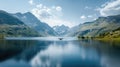 Drone flying over mountain lake during sunset Royalty Free Stock Photo