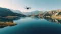 Drone flying over mountain lake during sunset Royalty Free Stock Photo