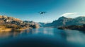 Drone flying over mountain lake during sunset Royalty Free Stock Photo